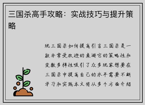 三国杀高手攻略：实战技巧与提升策略
